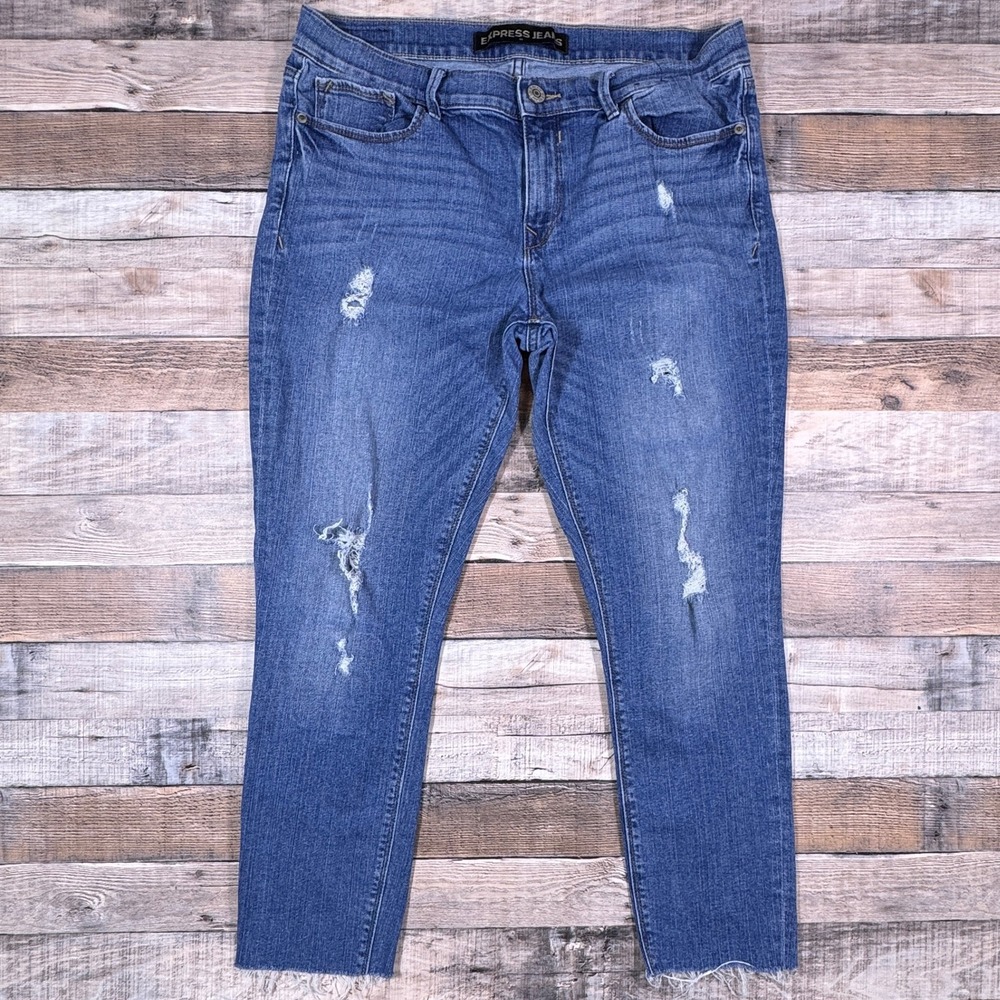 Express Jeans Legging Mid Rise Distressed Medium Wash Denim‎ Size 12 Raw Hem